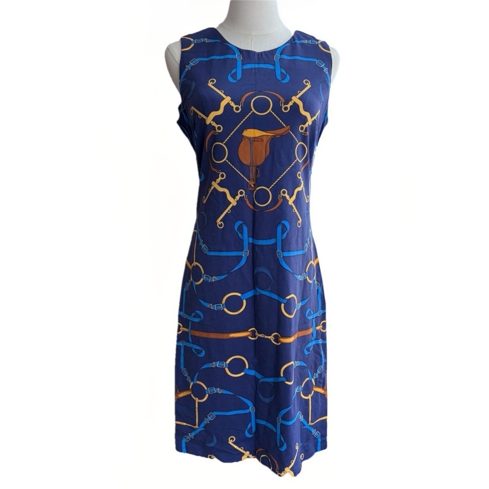 J. McLaughlin Equestrian Sheath Dress Sleeveless Blue Horse-Bit Belting Print